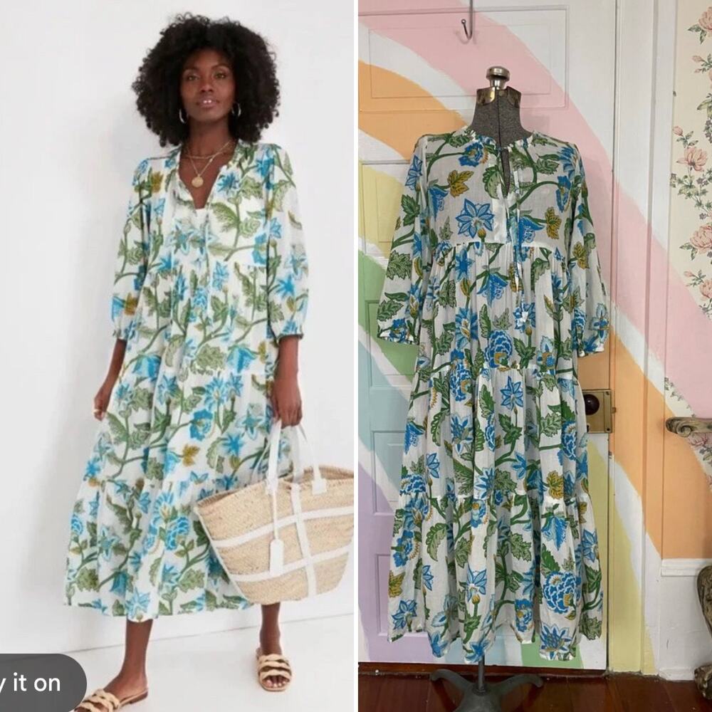 ✨Tuckernuck Sea Glass Chintz Salty Paloma Floral Cotton Caftan Midi Dress Sz XS
